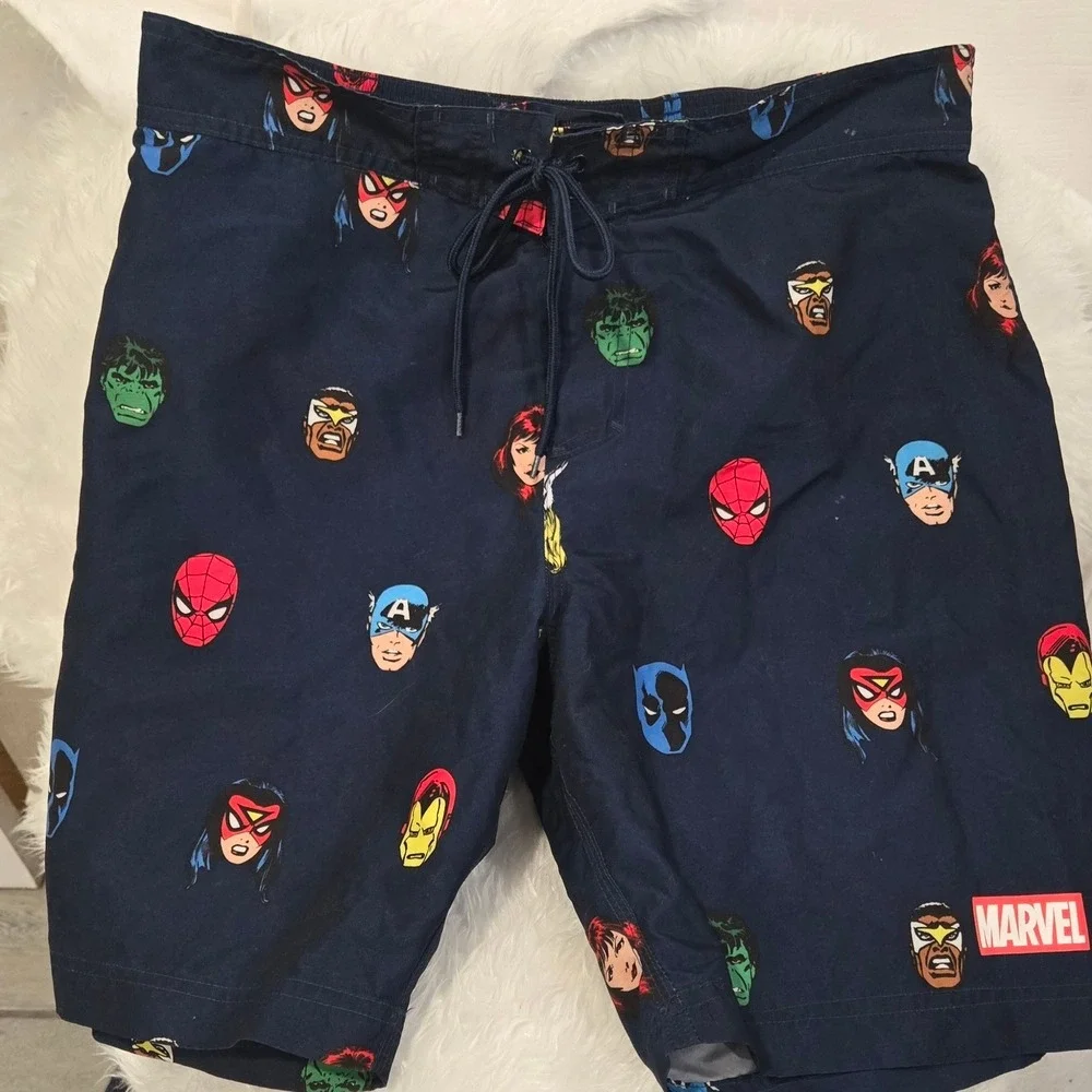 Marvel Avengers Mens Navy Blue Swim Trunks Board Shorts Spider-Man Hulk‎ Medium